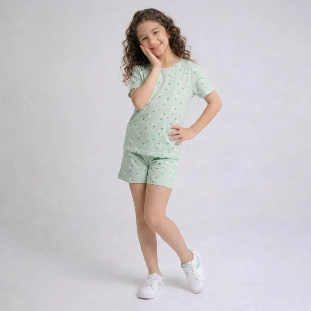 Summer cotton pajama set for girls – T-shirt & shorts with floral design Lavender & Mint green