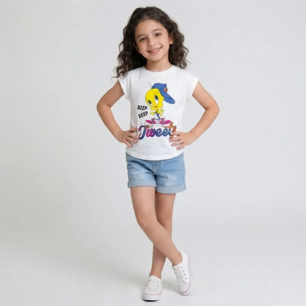 Girls cotton  Tweety oval cut T-Shirt – White