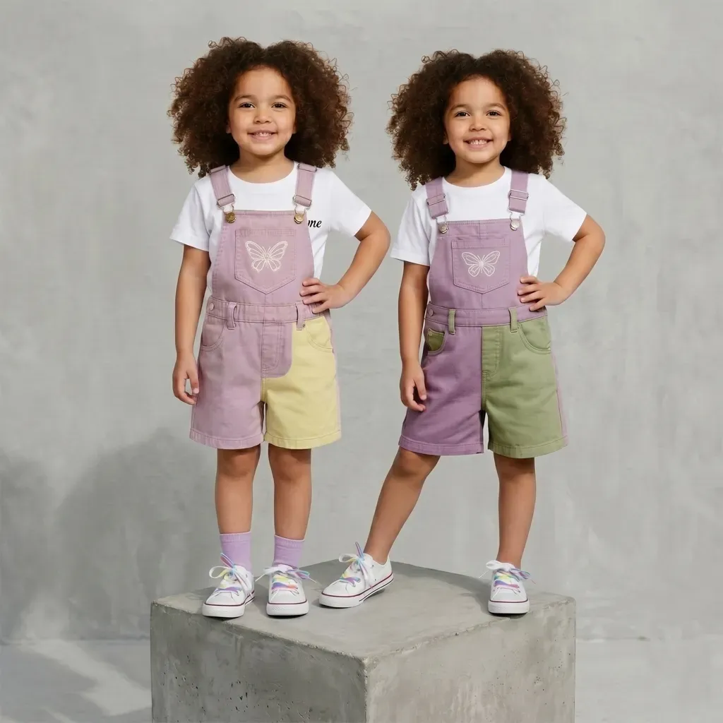 Girls’ Two-Piece Set Purple short jeans Overall & Cotton White T-Shirt