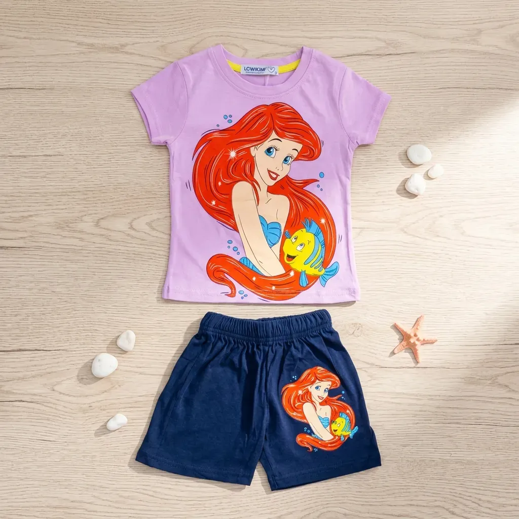 Girls’ summer cotton pajamas Purple T-Shirt & Navy Shorts The Little Mermaid