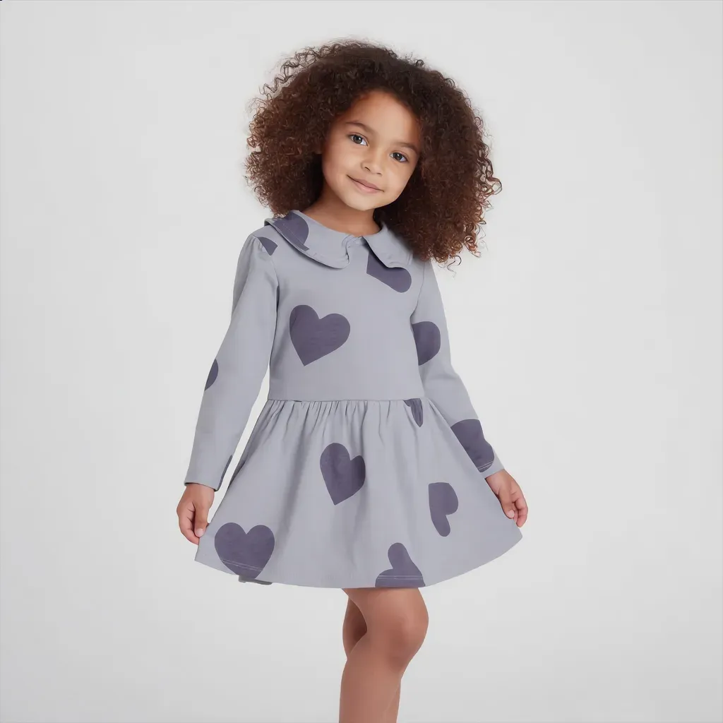 Long Sleeve Grey Dress with Hearts -  Imported