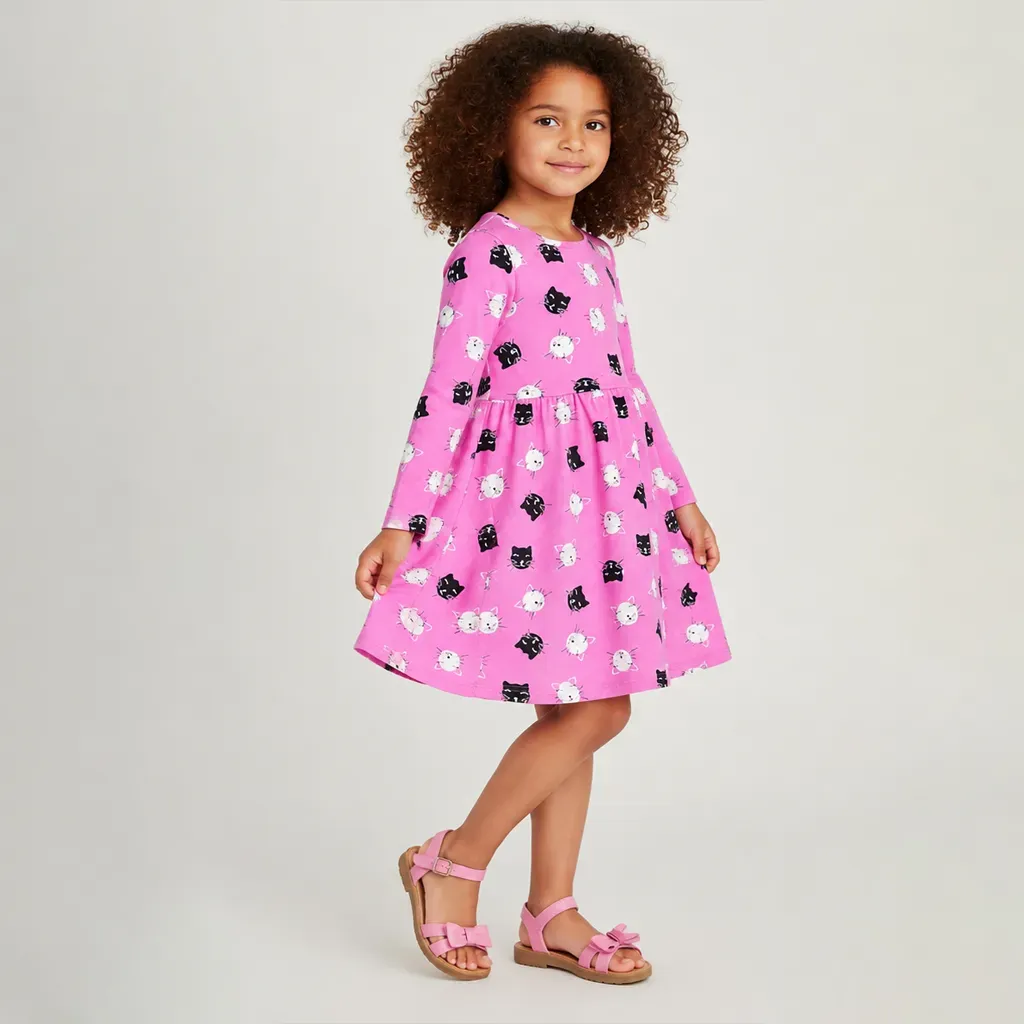 Pink patterned dress Long-Sleeve  Autumn & Winter
