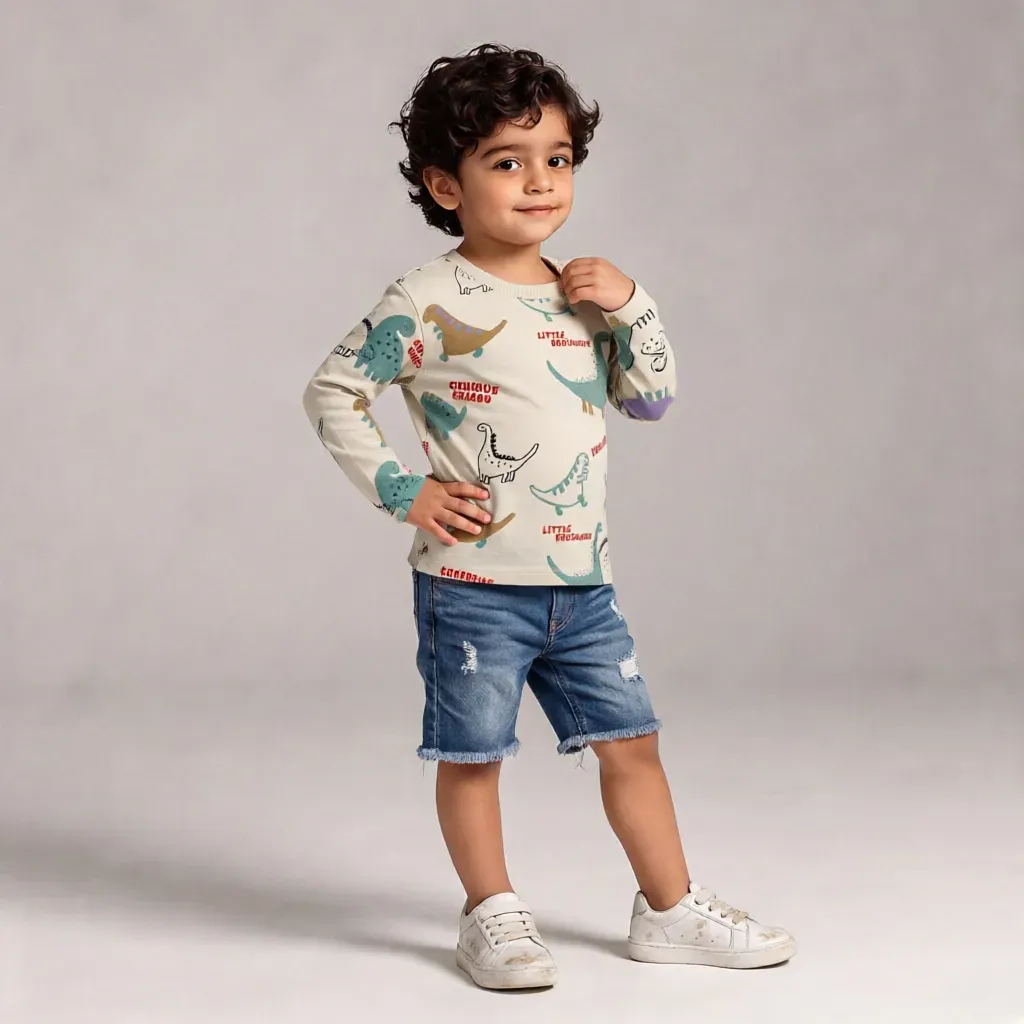 Baby boys' dinosaur patterned winter t-shirt Beige