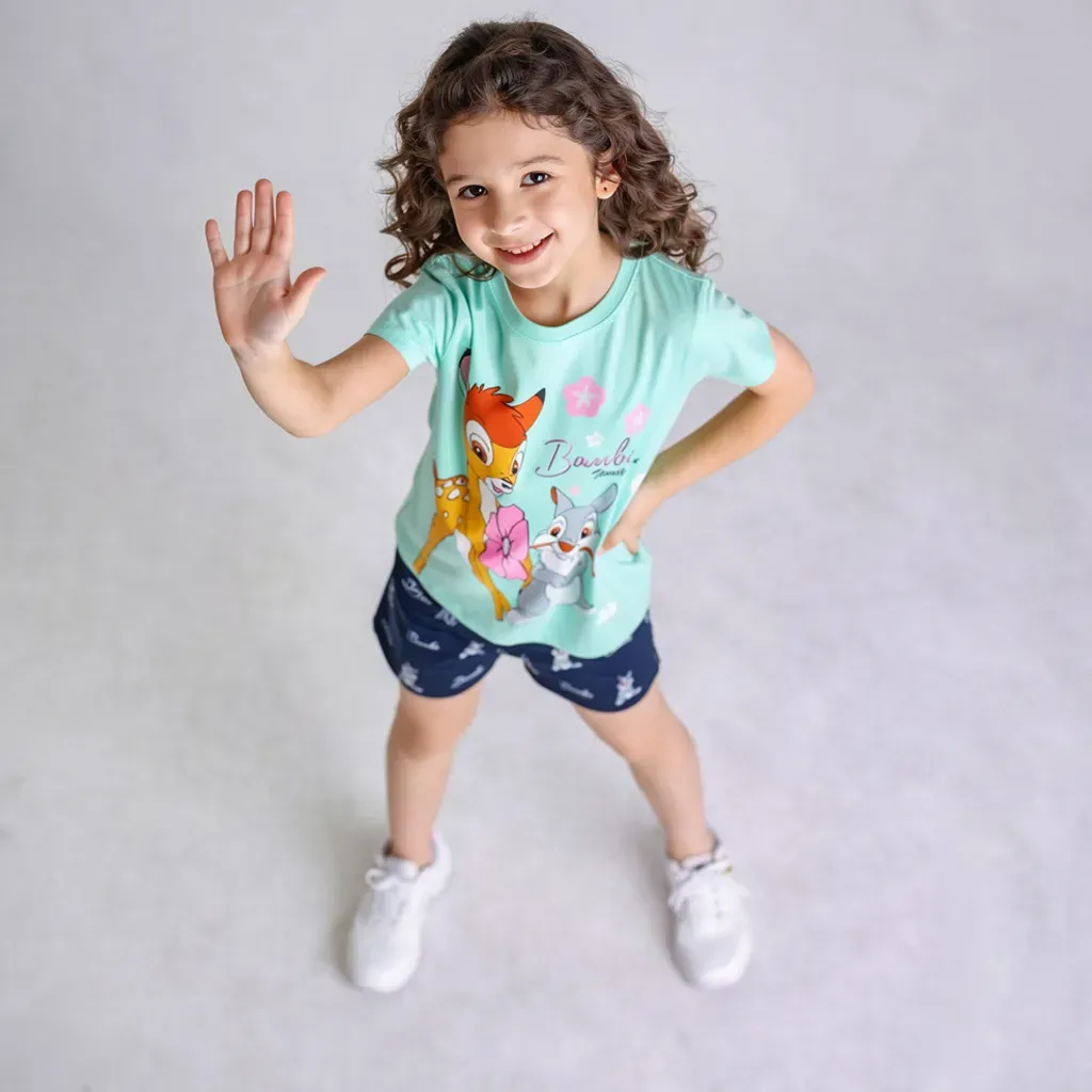 Girls’ summer cotton pajama set Turquoise T-Shirt & Navy Shorts (Bambi the Deer)