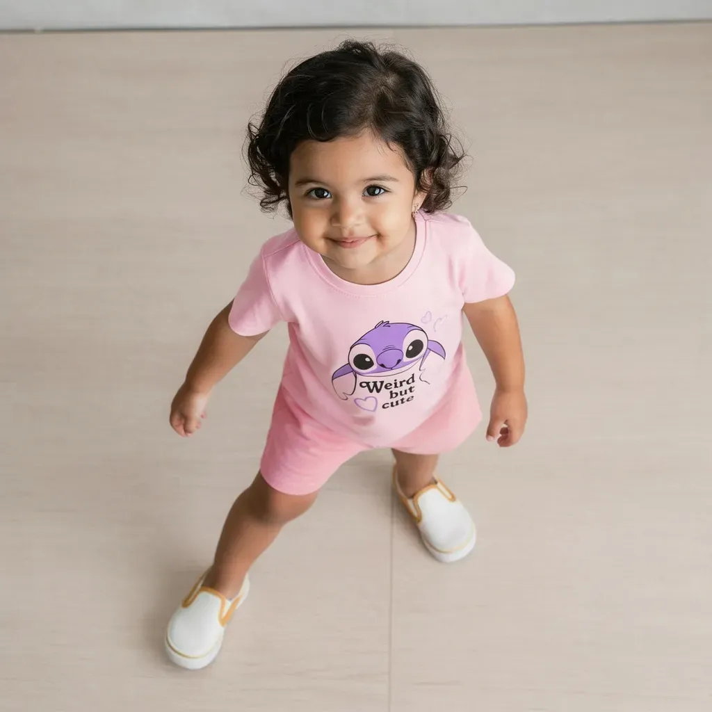 Girls’ summer cotton pajama Stitch Pink