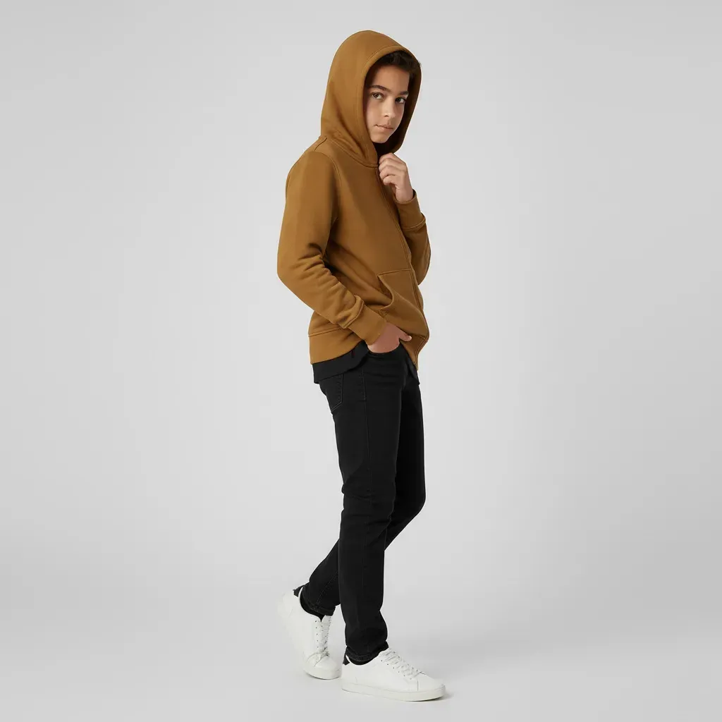 Boys Zip Up Hoodie Camel Brown Casual Sweatshirt